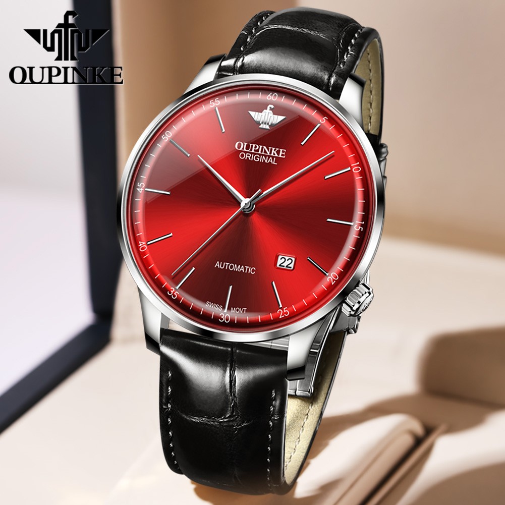 OUPINKE Swiss big brand automatic mechanical watch leather fashion luxury business casual waterproof sapphire calendar watch