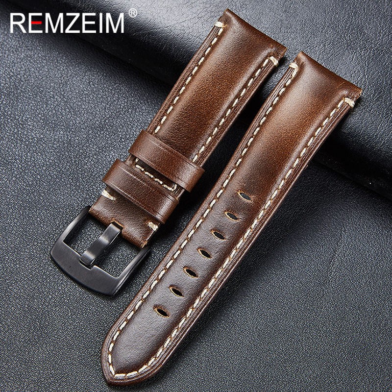 Remz Patterned - Genuine Leather Watch Strap, Brown, Green, Antique, 20, 22, 24, 26 mm, with Black and Silver Buckle