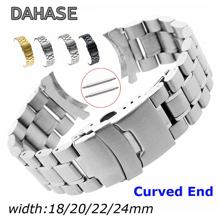 Stainless Steel Watch Band 18mm 20mm 22mm 24mm Strap Wristband Curved End Watch Strap Double Lock Buckle Replacement Wrist Strap