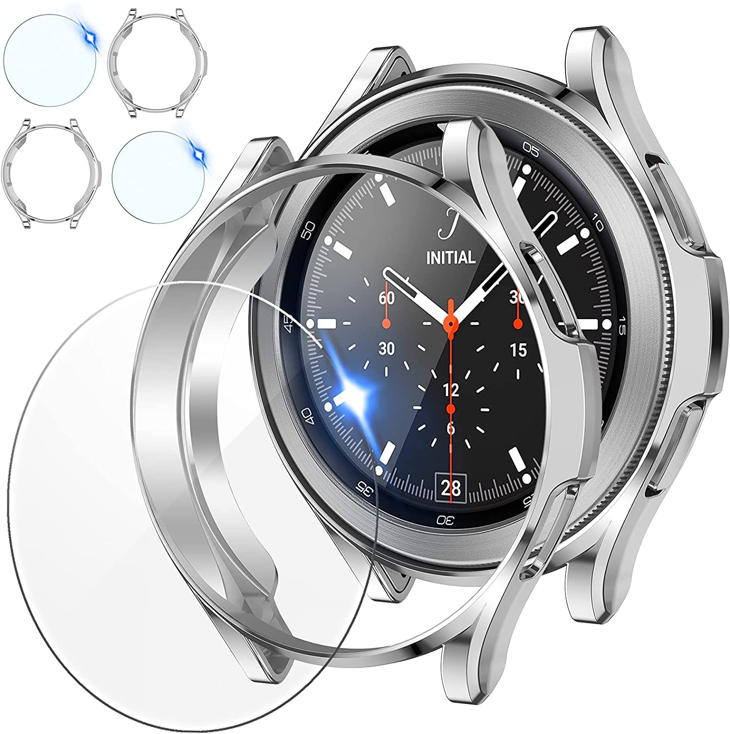 2 pack tempered glass protective film and 2 pack tpu watch cover accessories bumper set for Samsung Galaxy Watch4 classic 46/42