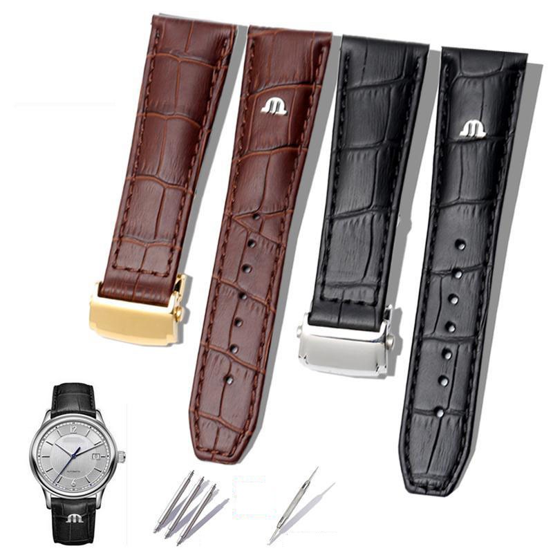 For Morris LACROIX Eliros watchband first layer calf leather 20mm 22mm with folding buckle black brown cow genuine leather strap