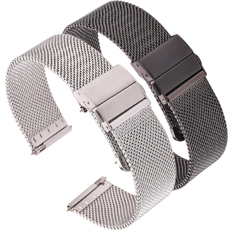 Milanese Mesh Loop Watch Band Bracelet Necklace Silver Stainless Steel Black Wrist Watch Strap Deployment Clasp 16mm 18mm 20mm 22mm 24mm