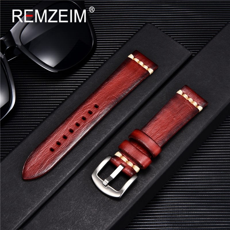 Rimzm Tanned Leather Watch Strap Antique Watch Strap 18mm 20mm 22mm 24mm Red Gray Blue High Quality Wristband Strap Accessories
