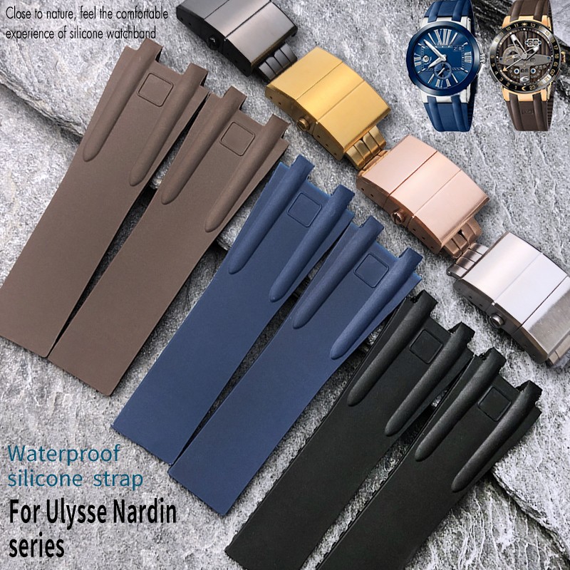 26mm*20mm Silicone Rubber Watch Band Fit For Ulysse Nardin Black Blue Brown Strap Waterproof Steel Folding Buckle Wrist Tools