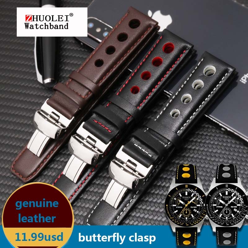 Watchband 20mm Genuine Leather Strap for PRS516 Men's Watches Band with Butterfly Clasp Black Brown Soft Cowhide Leather Strap