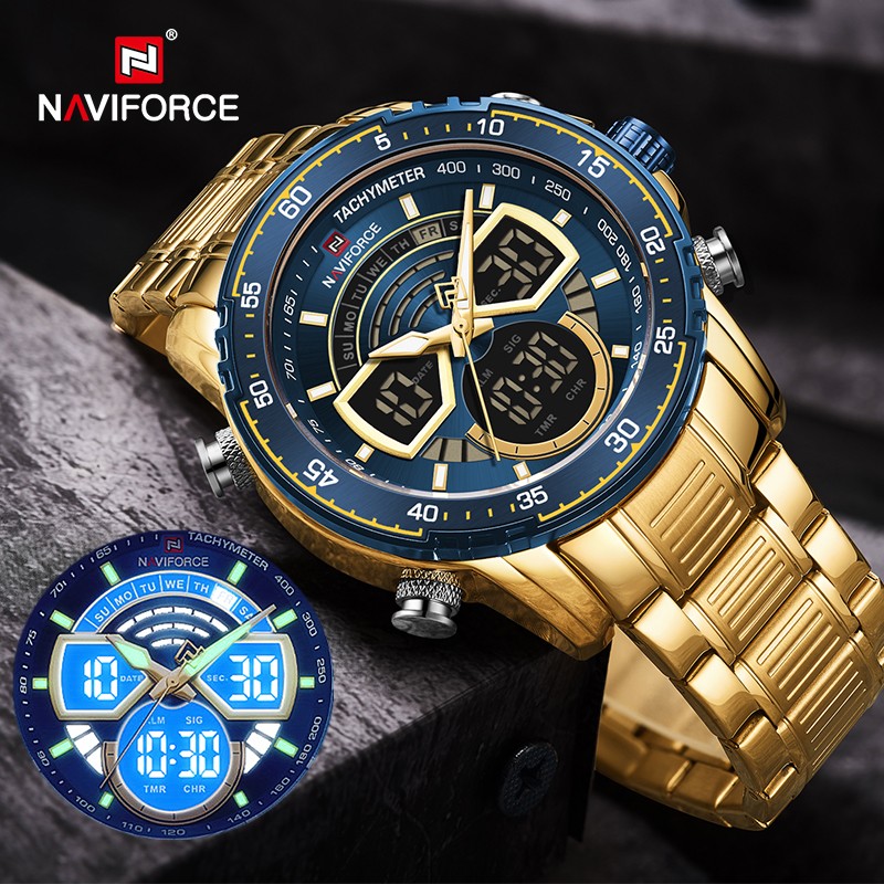 NAVIFORCE Men Sports Military Waterproof Watches Luxury Analog Quartz Digital Wrist Watch for Men Stainless Steel Gold Watches