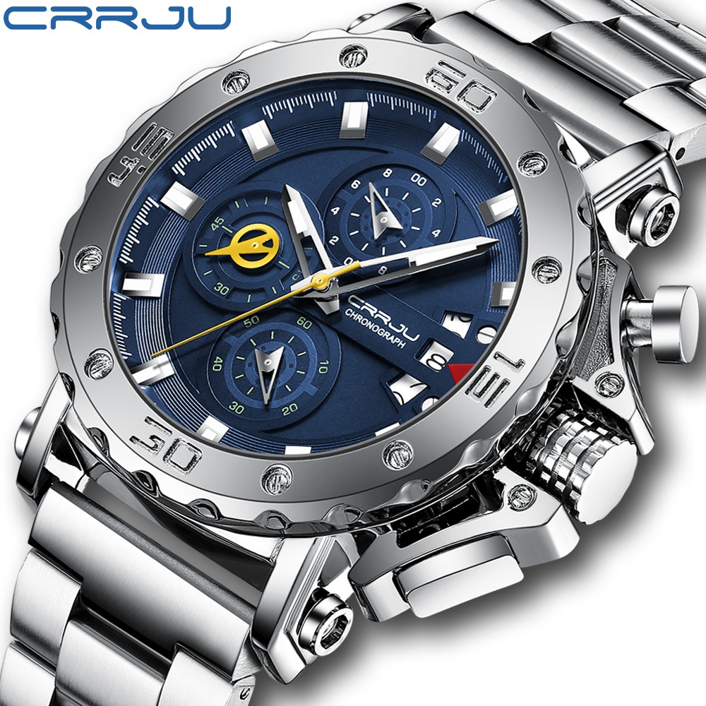 CRRJU Men Watch Luxury Brand Big Dial Stainless Steel Waterproof Chronograph Wrist Watches With Date Relogio Masculino