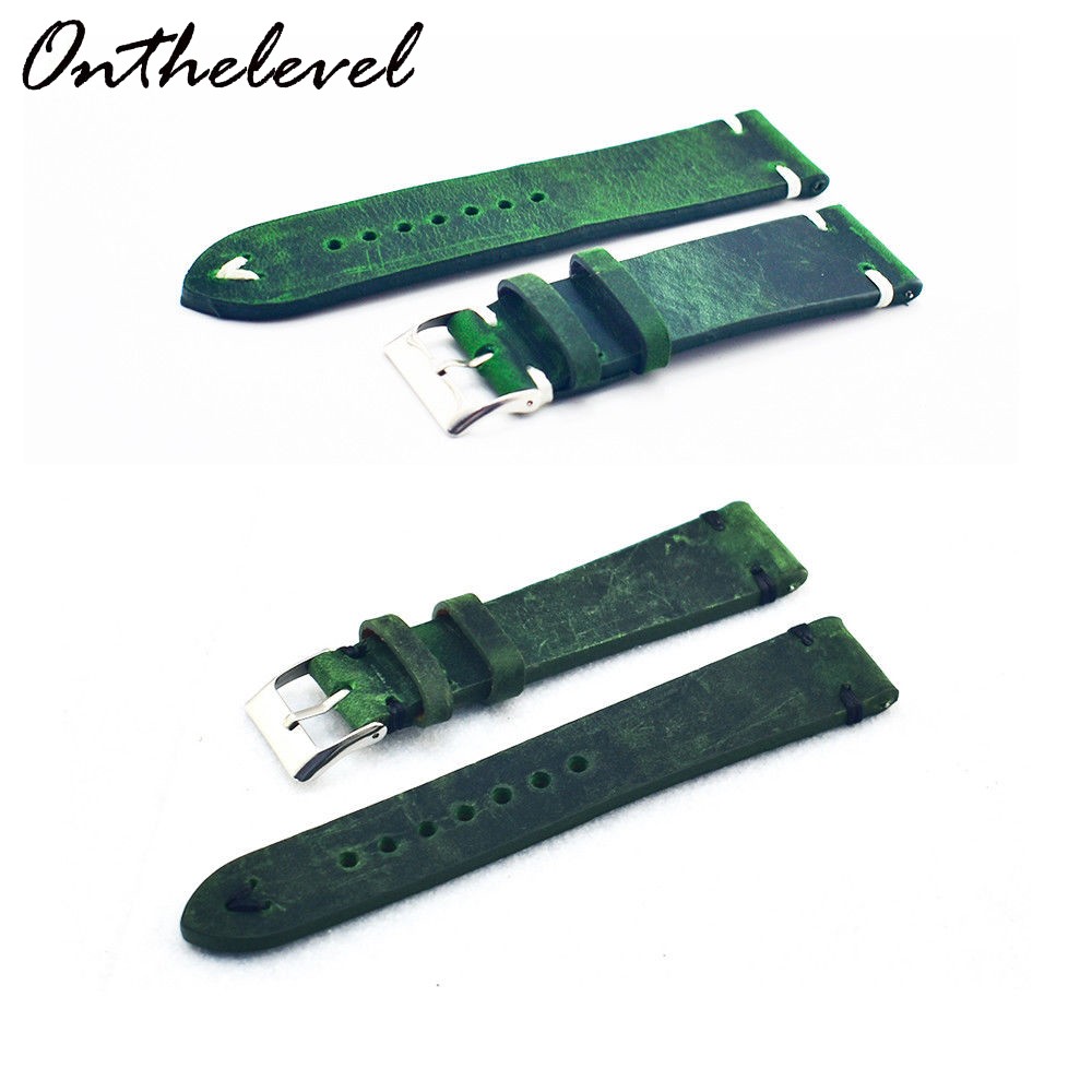 Onthlift - Genuine leather watch strap, handmade, antique, spare, green, buckle 16 18 20 22 24 mm, quick release