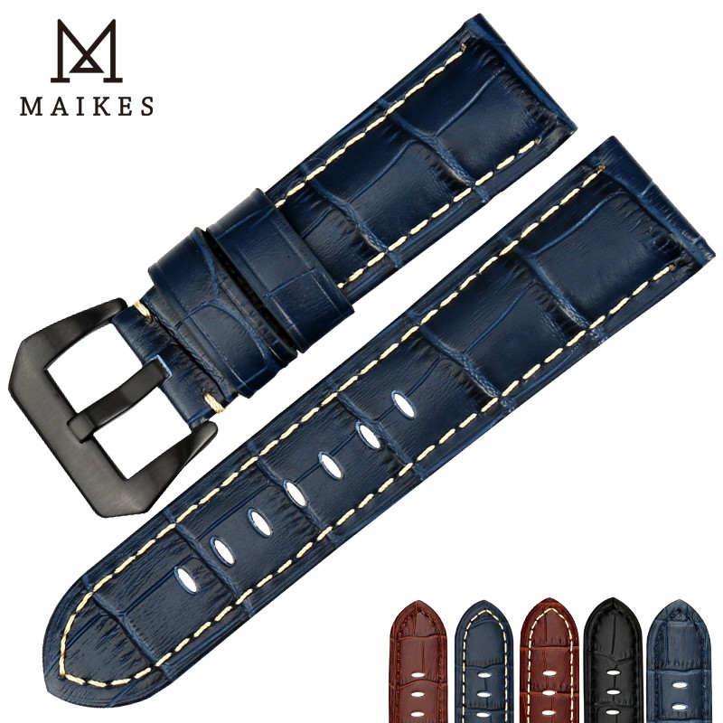 MAIKES Quality Genuine Leather Watch Strap 22mm 24mm 26mm Fashion Blue Watch Accessories Watchband for Panerai Watch Band