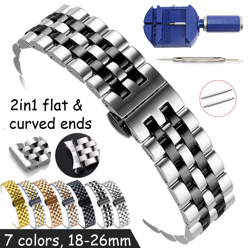 Flat and Curved End Watch Band 18 19 20 21 22mm 24mm 26mm Stainless Steel Watch Strap Butterfly Clasp Replacement Wristband