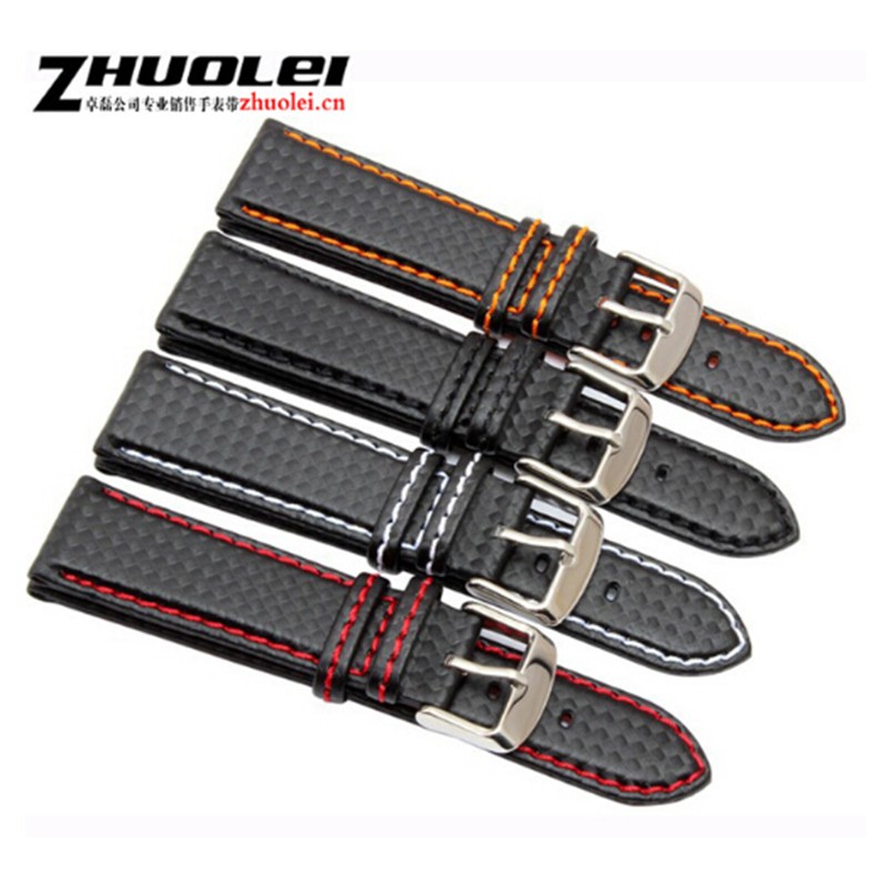 New 18mm 20mm 21mm 22mm 23mm durable orange stitching carbon fiber man black genuine leather with silver buckle watchband strap