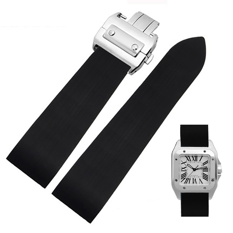 25mm Rubber Watchband Waterproof Fits Santos 100 W2020007 Silicone Strap Silver Gold Folding Buckle Black Bracelet