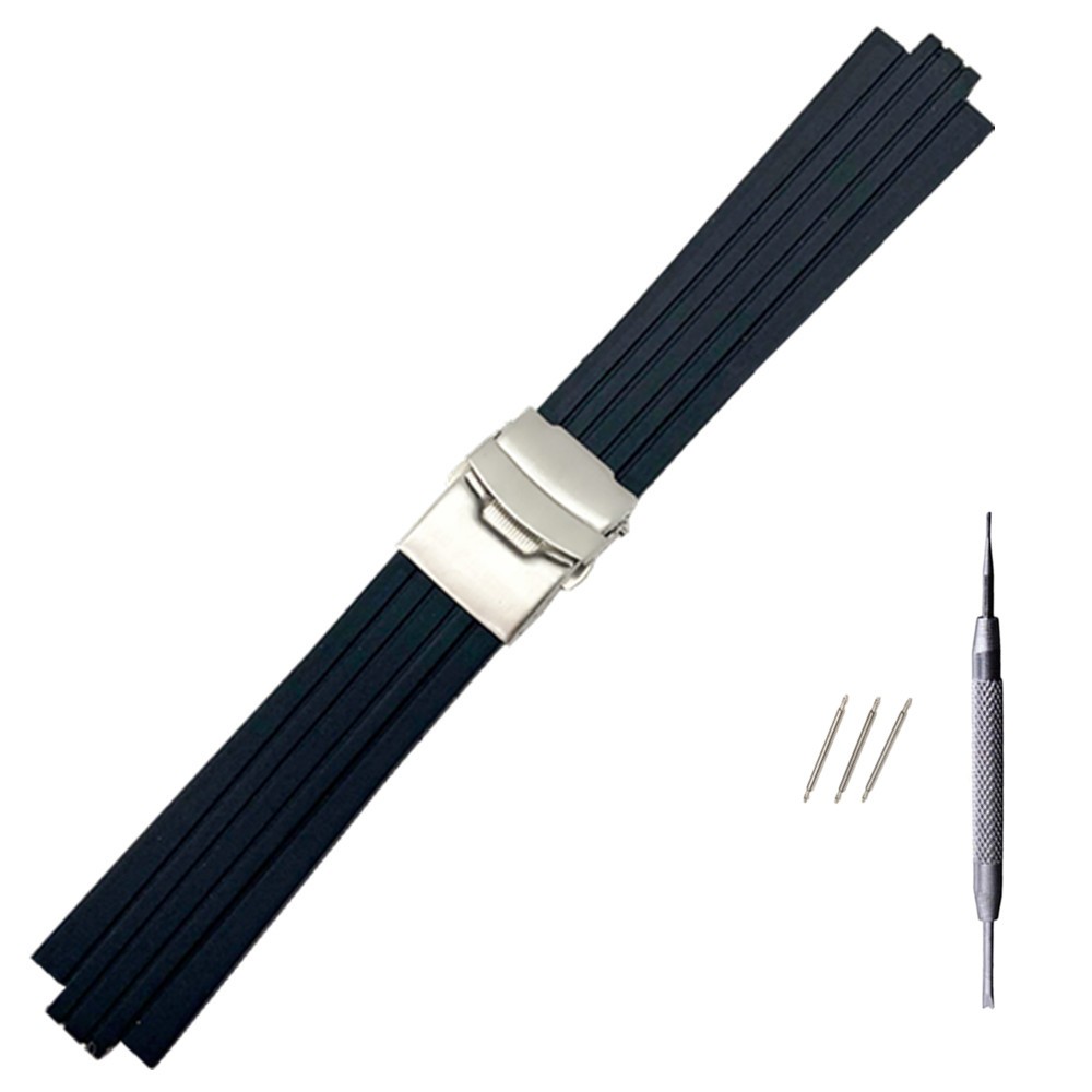 Silicone Rubber Watch Strap, 24mm x 11mm, for Oris Aquis, Convex, Stainless Steel, Safety Buckle, Black