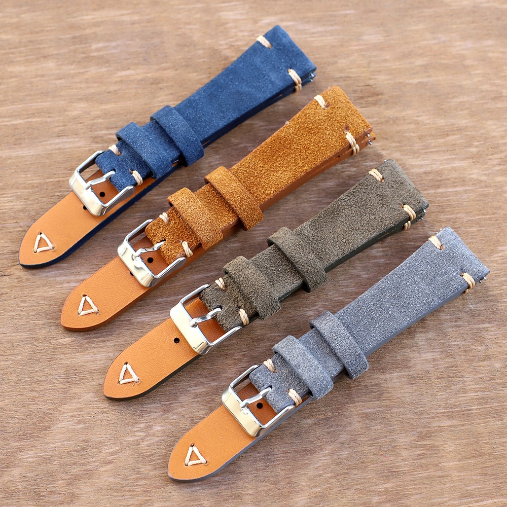 Vintage Suede Leather Watch Band 20mm 22mm Blue Brown Watch Strap Replacement Wristband Handmade Stitching Watchband