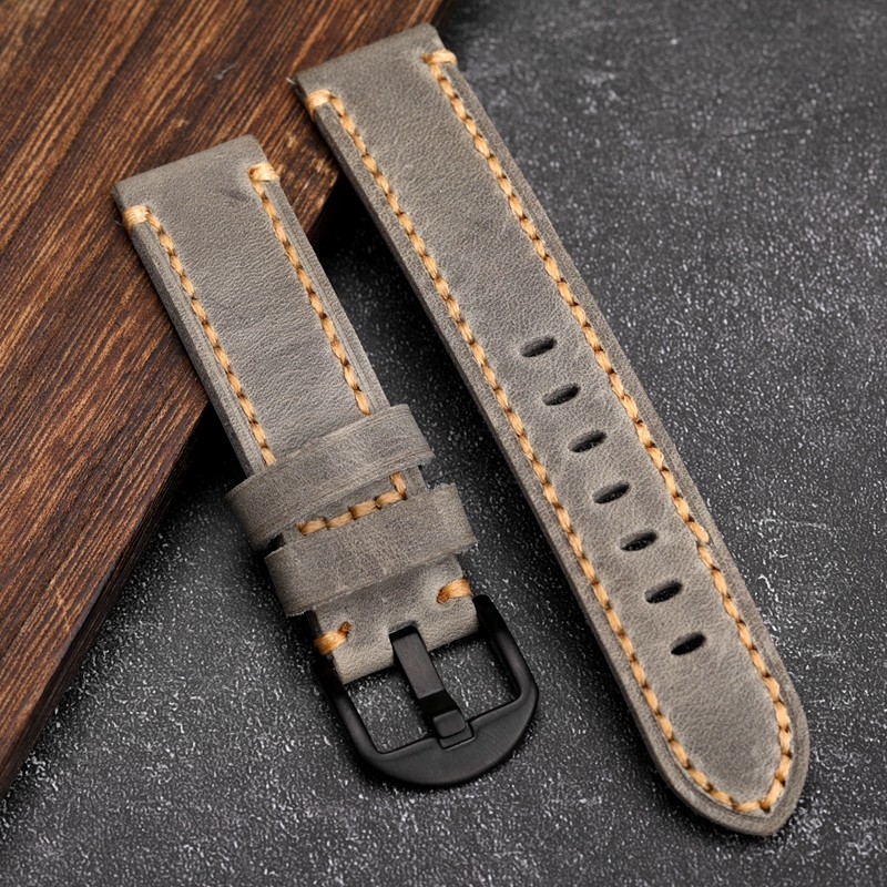 Gray leather strap suitable for military watch mountaineering watch 20 21 22 23 24mm first layer leather watch strap