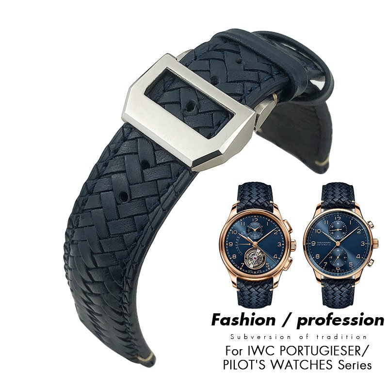 20mm 21mm 22mm Woven Genuine Leather Watch Band Cowhide Strap Fit For IWC Portugieser Pilot IW394005 IW3777 Blue Soft Watchband