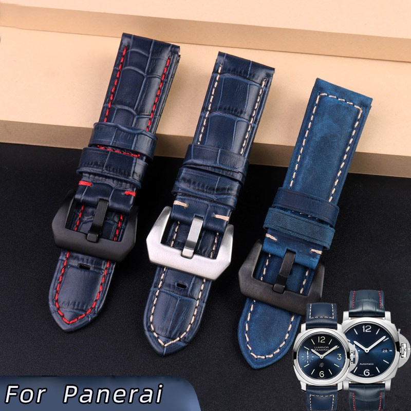 For Panerai1085/1313/111 Leather Watch Strap 22mm 24mm Blue Mens Crocodile Grain Watch Band Sandy Grinding Cowhide Accessories