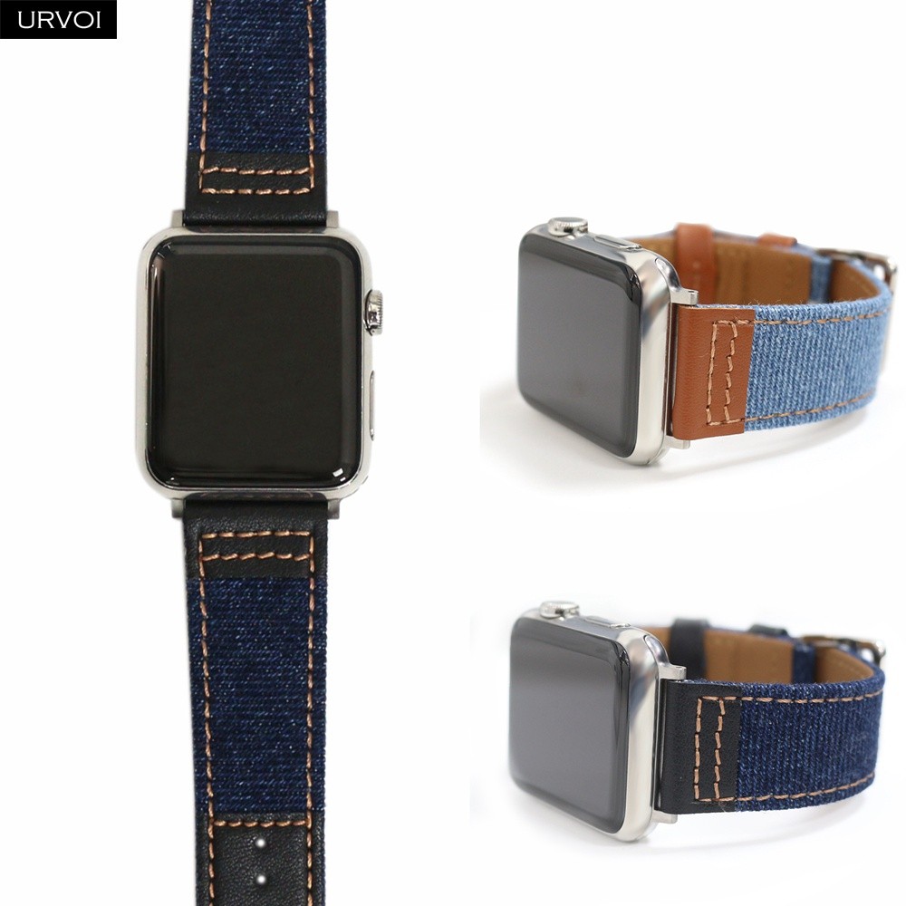 URVOI Band for Apple Watch Series 7 654321SE Jean Band with Genuine Leather Strap for iWatch Denim Design Canvas Wrist