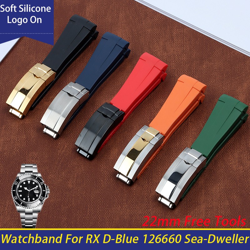Women's Watch Band, Rubber and Silicone, 22mm, Black, Blue, Red, Green, Soft Curved Tip, for Round Strap, D-Blue 126660