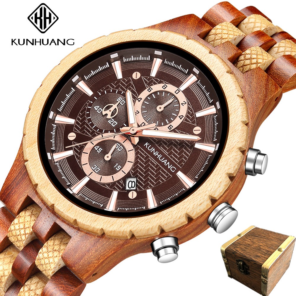 Kunhuang Business Men's Watch Wooden Stopwatch Date Display Chronograph Quartz Wrist Watches relogio masculino