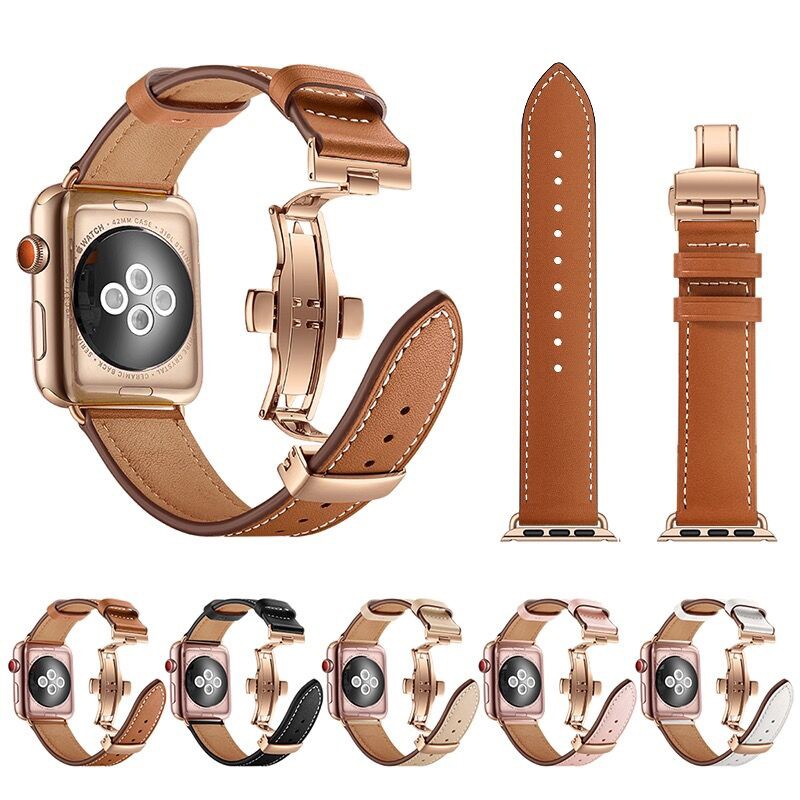 Butterfly Clasp Strap for Apple Watch Band 45mm 41mm 44mm 40mm 42mm 38mm Genuine Leather Korea Bracelet iWatch 4 5 6 se 7 band