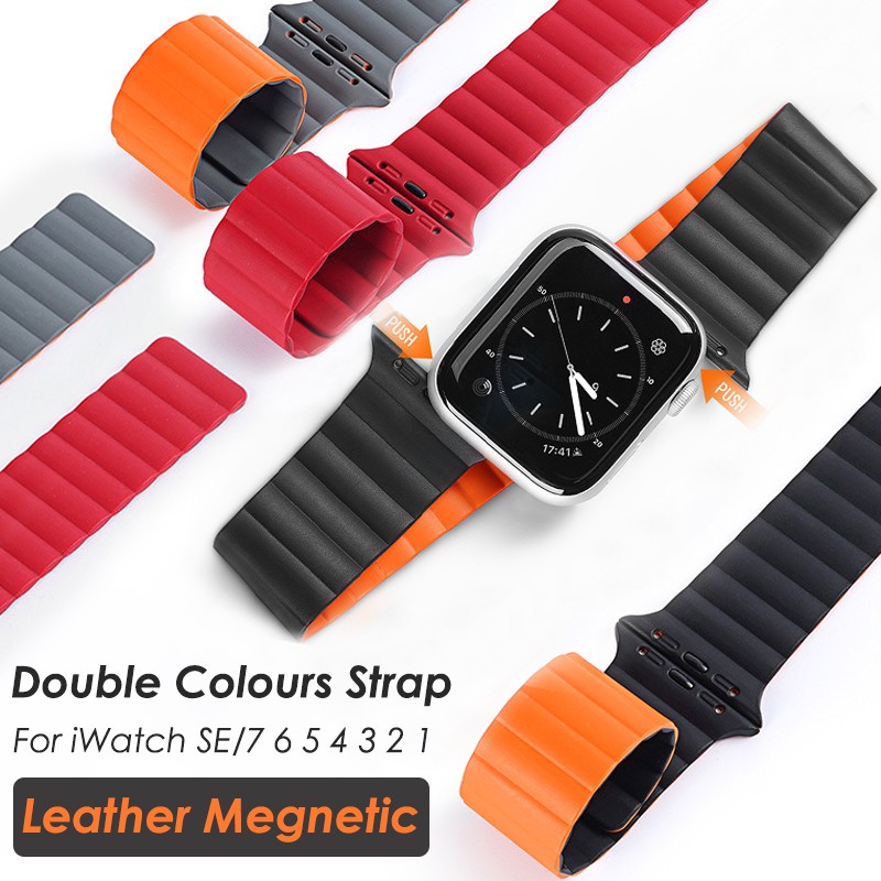 Genuine leather bracelet for apple watch 7 41 45mm 6 SE 5 4 44mm 40 for iWatch band series 3 2 42mm 38 bracelets megnetic ring wristbands