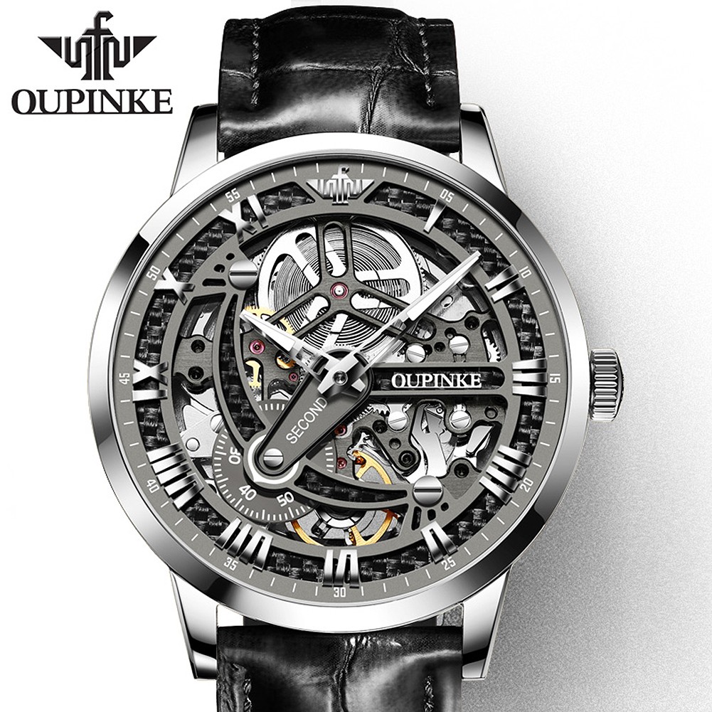 Top Brand OUPINKE Luxury Automatic Mechanical Watch for Men Sapphire Mirror Skeleton Hollow Leather Waterproof Wristwatch Clock