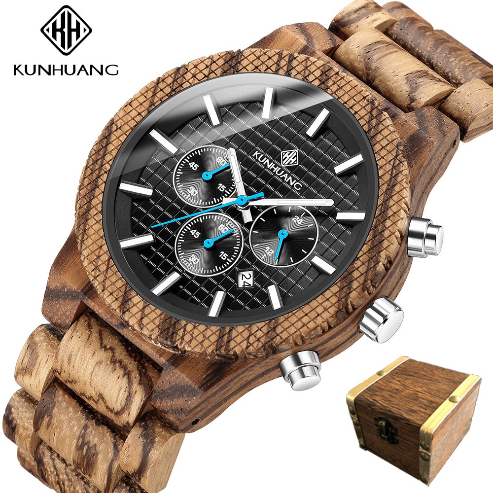 Kunhuang Luxury Elegant Men Wood Watch Military Chronograph Watches Quartz Relogio Masculino Custom Dropshipping