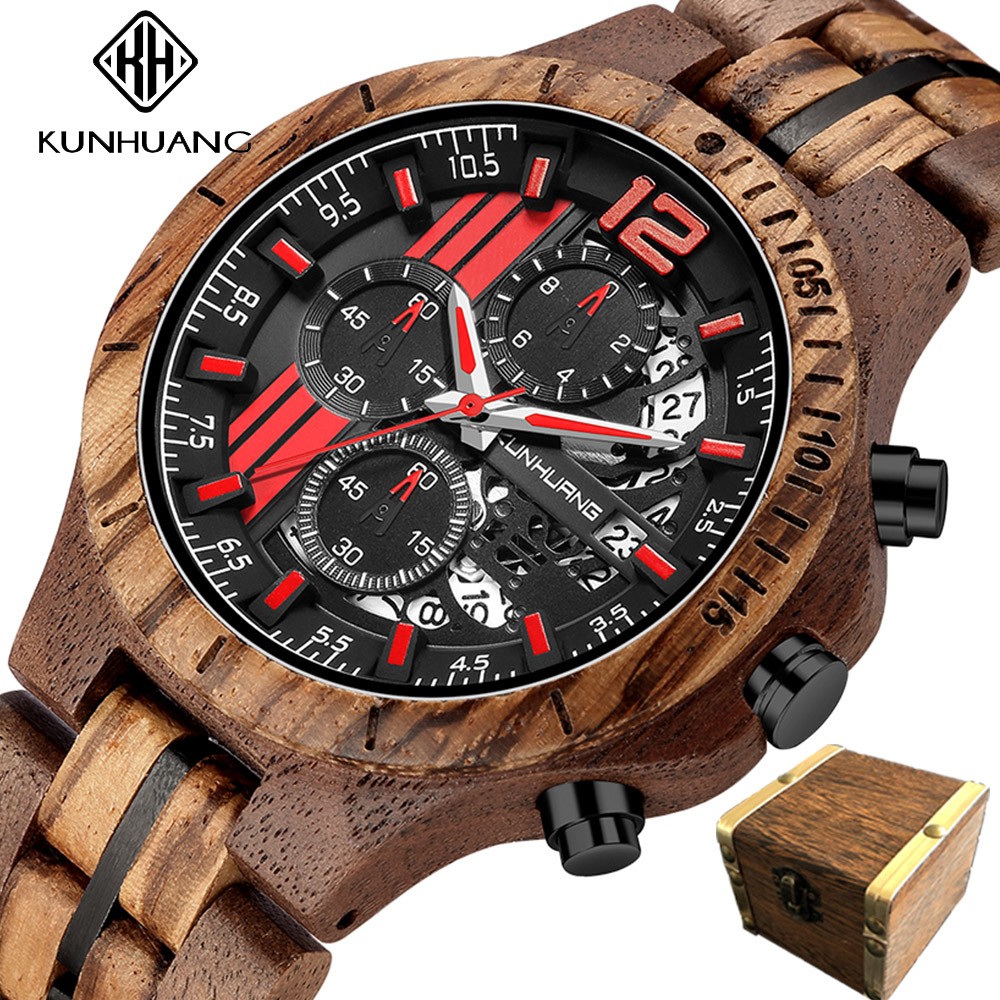 Kunhuang Handmade Wooden Watch Men Water Military Watches Chronograph Quartz Watches relogio masculino men gifts