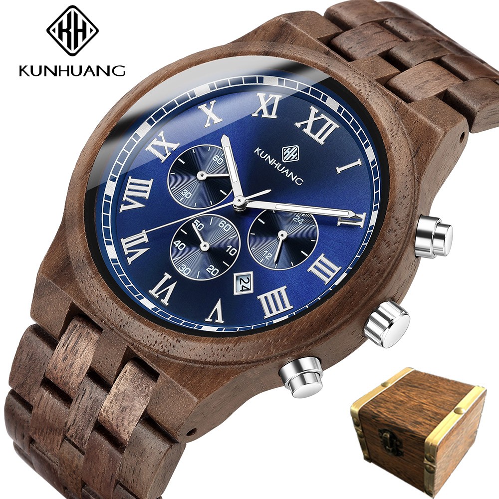 Kunhuang Wooden Men Watches Relogio Masculino Luxury Brand Stylish Chronograph Military Watch Great Gift for Man OEM