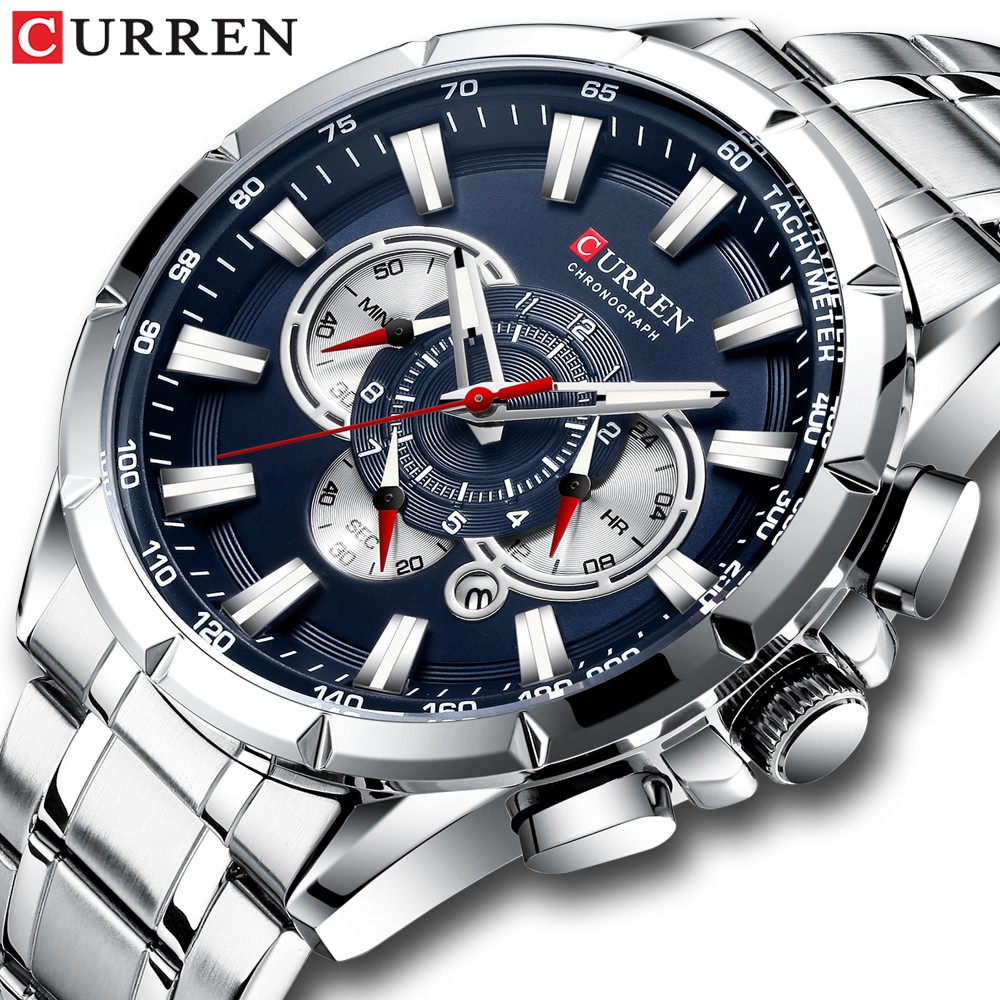 CURREN New Casual Sports Watch Men's Chronograph Stainless Steel Band Watch Large Wristwatch Quartz Watch With Luminous Pointers