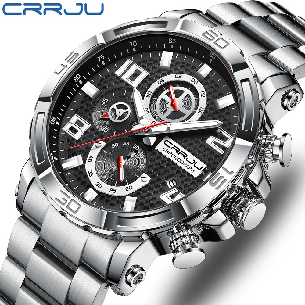 CRRJU Men's Watches Large Dial Waterproof Stainless Steel With Luminous Hands Date Sports Chronograph Watches Relogio Masculino