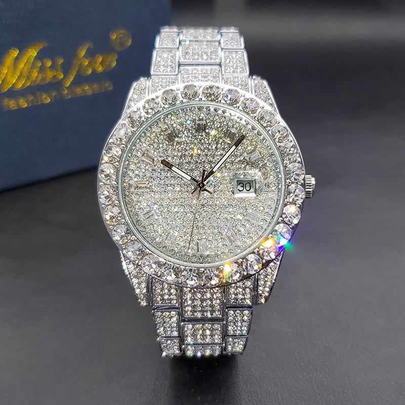 Luxury Men's Watch Bling Bling Big Diamond Quartz Watches Male Hip Hop Rock Stylish Waterproof Calendar Wristwatches Droshipping