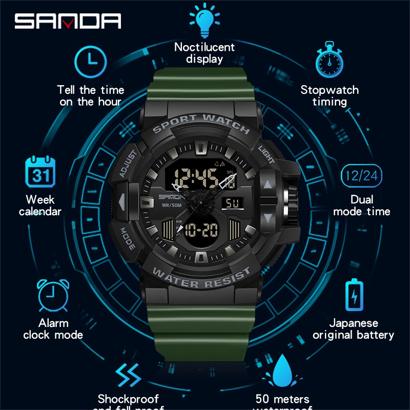 SANDA Top Brand Sports Watches Men Waterproof Military Quartz Watch for Man Wristwatch Chrono Digital Watch Alarm Clock