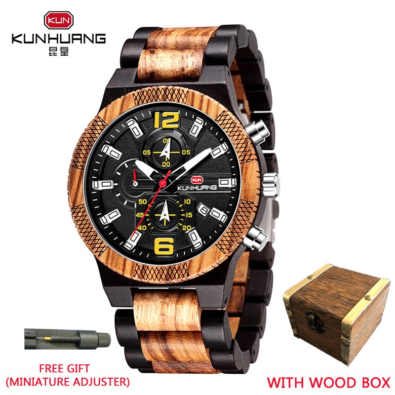 Kunhuang Wooden Watch Fashion Personality Creative Design Senior Ebony Men Watches Quartz Watch Movement Wooden Box Montre Homme