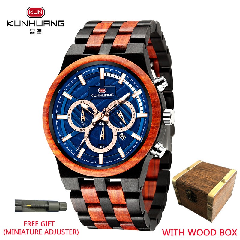 Kunhuang New Wooden Watch Men Luxury Chronograph Ebony Quartz Watch Blue Dial Metal Glass Mirror Wooden Box