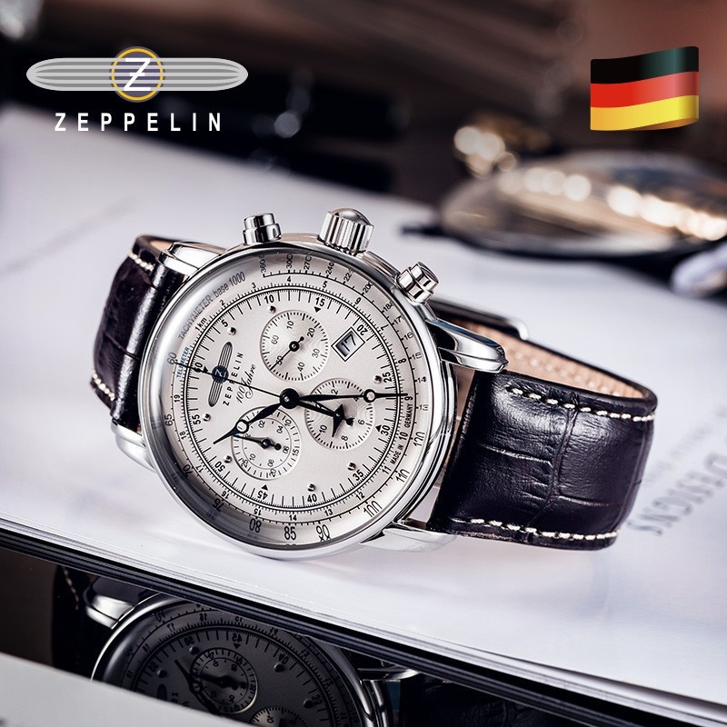 Zeppelin Luxury Brand Watch Three Eyes Multifunctional Waterproof Leather Business Casual Date Luminous Chronograph Watch