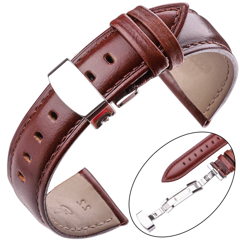 Watch Band Genuine Leather Strap Brown Black Smooth Cowhide Watchbands Bracelet Accessories Silver Polished Deployment Buckle