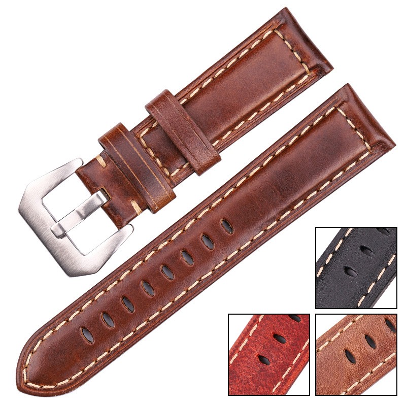 Genuine leather watch band bracelet women men retro strap 20mm 22mm 24mm black brown red watchband with steel screw buckle