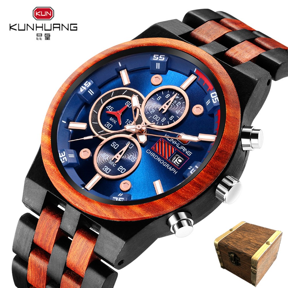 Reloj hombre KUNHUANG New Wooden Watch Men Luxury Brand Chronograph Military Quartz Watches for Man Dropshipping Customized