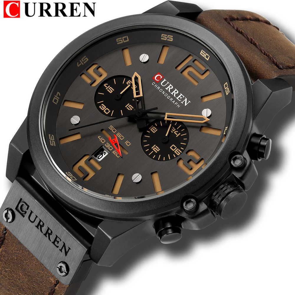 CURREN-Watches-Men's Distinguished,Luxury Watch Brand,Water Resistant,Sports,Wrist Watch,Chronograph,Quartz Genuine Leather Military,Men