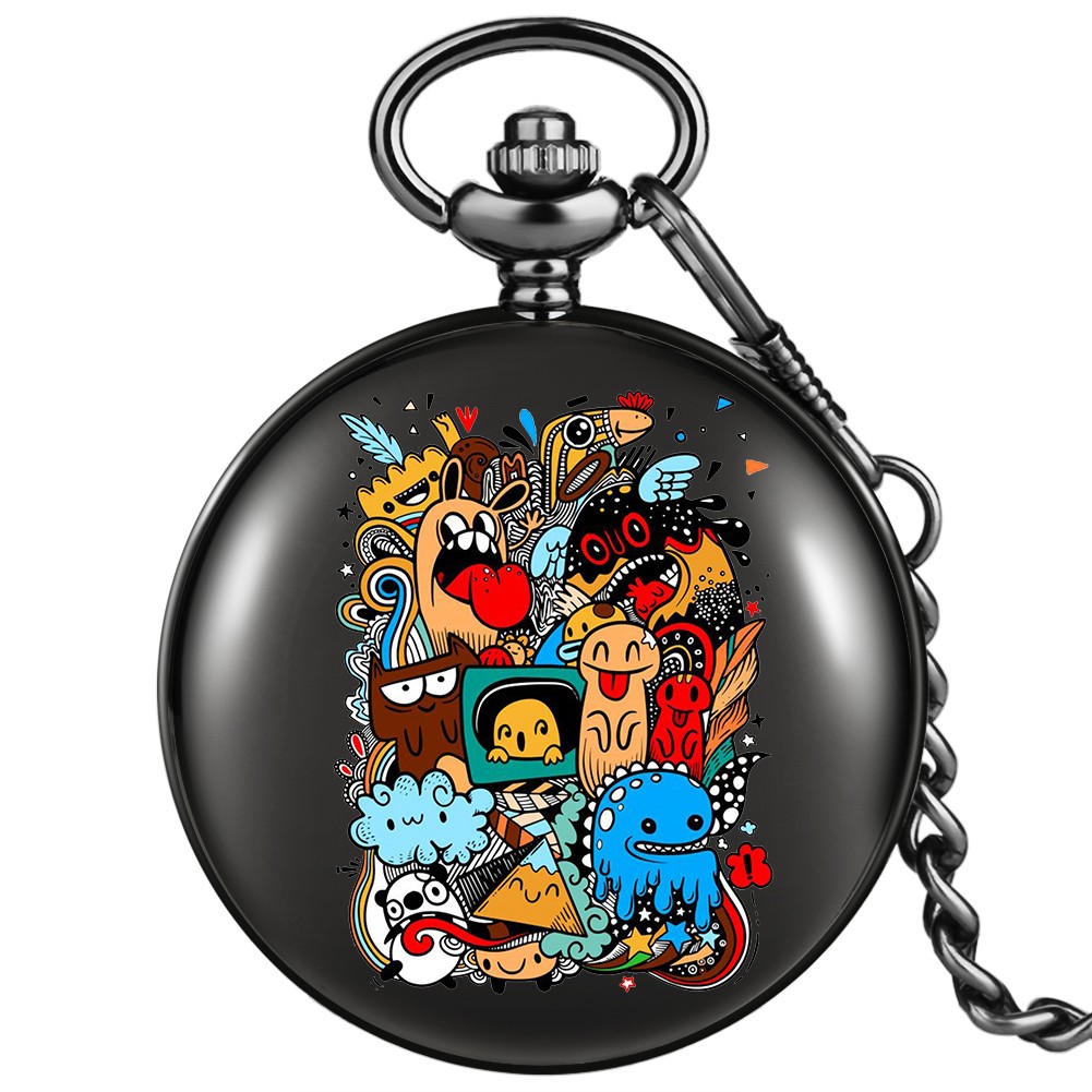 New accept custom unisex pocket watch with black thick chain cartoon pattern men women high-end quartz watches for boyfriend