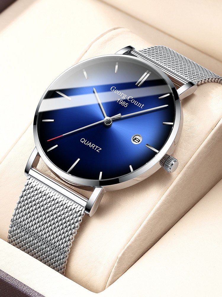 Men's quartz rose gold black net stainless steel black leather strap simple fashion blue watch