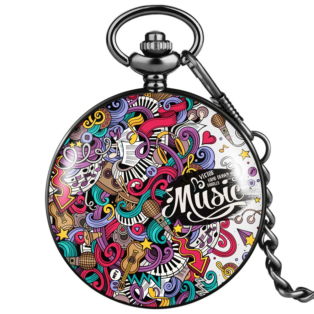 Men Women Hip Hop Style Quartz Pocket Watch With Black Chain Color Graffiti Personalized Watches Graduation Gift for Classmates