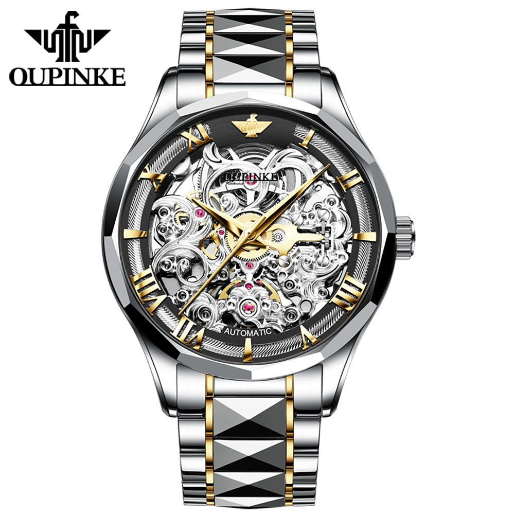 OUPINKE Mens Automatic Mechanical Watches Business Luxury Tungsten Steel Waterproof Wristwatch Men Fashion Watch Diver