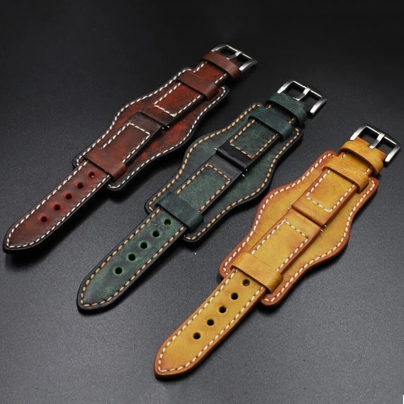 22mm 24mm Genuine Leather Watch Strap Wristwatch Band With Mat Wrist Protection Handmade Vintage Cuff Watches Bracelet