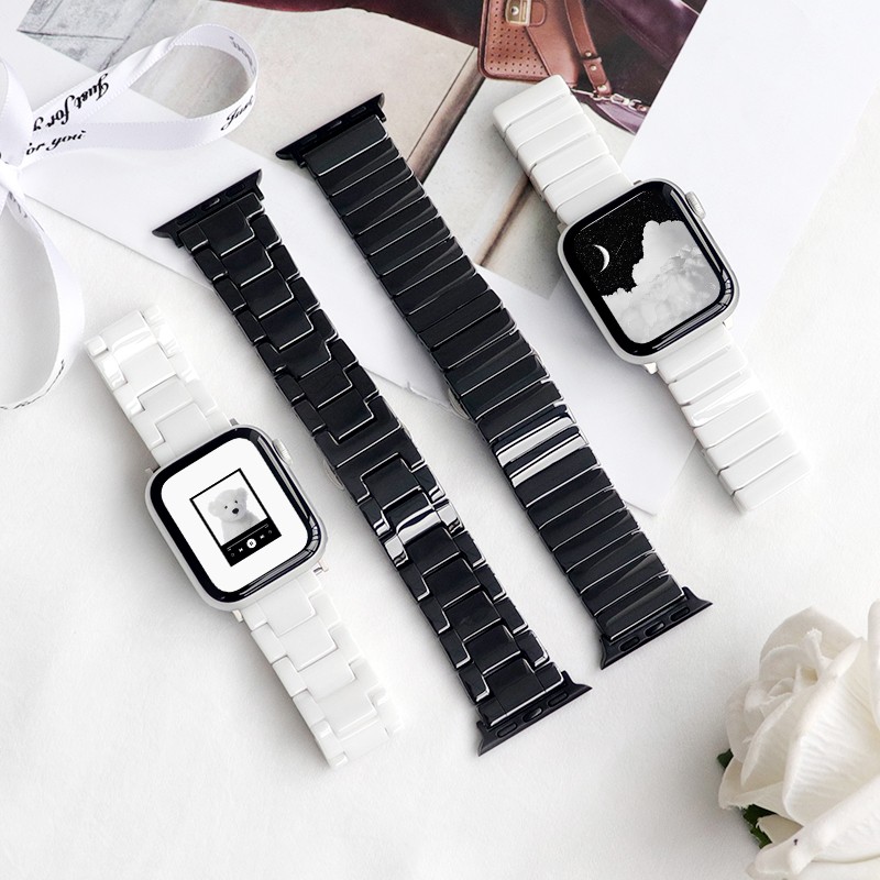 Black/White Ceramic Strap for Apple Watch SE Band Series 7 6 5 4 3 Bracelet 40mm 44mm 38mm 42mm Wristband for iWatch Watch Strap