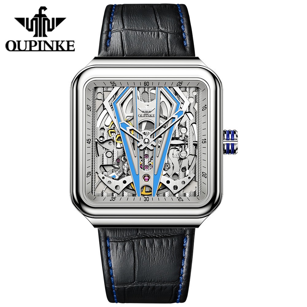 Upinki men's watch luxury automatic mechanical wrist watch square sapphire luminous leather strap men's watches 3181