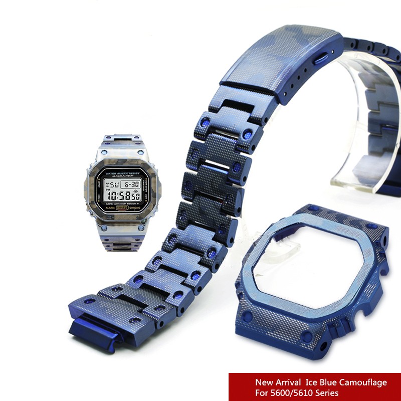 New Ice Blue Camouflage Watches and Bezel for 5600 GWM5610 GW5000 316L Stainless Steel Watch Strap and Cover with Tools