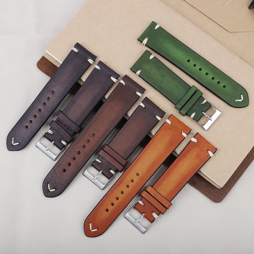 Genuine Leather Watchband 18mm 20mm 22mm 24mm Handmade Stitching Bottom With Lychee Pattern Watch Strap Replacement Strap